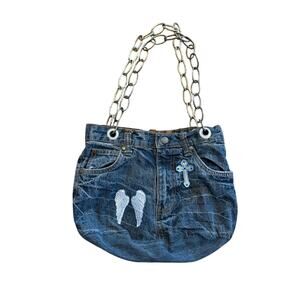 Vintage Y2K Denim Purse Repurposed with Chain Straps and Patches